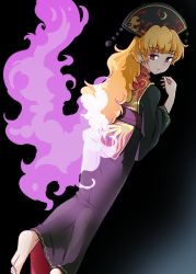 Rule 34 | 1girl, aura, barefoot, black background, black dress, black sash, blonde hair, commentary request, dress, feet out of frame, from behind, gradient background, grey background, hand up, headdress, highres, itatatata, junko (touhou), long dress, long hair, long sleeves, looking at viewer, looking back, red eyes, sash, solo, tabard, tassel, touhou, very long hair, wide sleeves