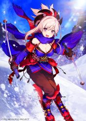 Rule 34 | 1girl, adapted costume, blue eyes, breasts, cleavage, day, fate/grand order, fate (series), full body, glint, gloves, hair ornament, mika pikazo, miyamoto musashi (fate), miyamoto musashi (third ascension) (fate), motion blur, outdoors, pink hair, ponytail, skiing, skis, smile, snow, solo
