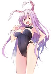 Rule 34 | 1girl, animal ears, black bow, black bowtie, black leotard, bow, bowtie, breasts, cropped legs, detached collar, hand on own hip, highres, kamukamu (ars), large breasts, leotard, long hair, looking at viewer, one eye closed, open mouth, playboy bunny, purple hair, rabbit ears, red eyes, reisen udongein inaba, revision, simple background, solo, strapless, strapless leotard, touhou, very long hair, white background, wrist cuffs
