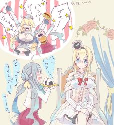 Rule 34 | 10s, 3girls, ^ ^, ahoge, blonde hair, blue eyes, blue hair, blush, braid, breasts, burger, cleavage, closed eyes, colis, crossed legs, crown, dress, eyebrows, closed eyes, food, french braid, garter straps, grey hair, hair between eyes, holding, holding food, iowa (kancolle), kantai collection, kiyoshimo (kancolle), large breasts, long hair, long sleeves, mini crown, multiple girls, off-shoulder dress, off shoulder, onigiri, open mouth, plate, sitting, star (symbol), thighhighs, twintails, twitter username, very long hair, warspite (kancolle), white dress