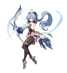 Rule 34 | 1girl, absurdres, ahoge, amos&#039; bow (genshin impact), bare shoulders, black pantyhose, blue hair, bow (weapon), detached sleeves, drawing bow, full body, ganyu (genshin impact), genshin impact, gold trim, high heels, highres, holding, holding bow (weapon), holding weapon, horns, kinokare, long hair, pantyhose, purple eyes, sidelocks, solo, tassel, thighlet, thighs, vision (genshin impact), weapon, white background, white sleeves