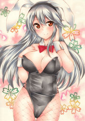 Rule 34 | 1girl, animal ears, black leotard, blush, bow, bowtie, breasts, brown eyes, cleavage, detached collar, fake animal ears, fishnet pantyhose, fishnets, flower, grey hair, hair between eyes, hand on own chest, haruna (kancolle), highres, kantai collection, large breasts, leotard, long hair, marker (medium), pantyhose, playboy bunny, rabbit ears, red bow, red bowtie, saya pr, simple background, smile, solo, traditional media, wrist cuffs