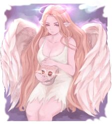 Rule 34 | 1girl, angel, angel wings, blonde hair, blue eyes, breasts, cleavage, closed mouth, commentary, dress, esper-fia esupa, feathered wings, feet out of frame, glowing, glowing eyes, halo, head wings, holding, holding skull, large breasts, long hair, looking at viewer, mistress of shelter, ragnarok online, sitting, skull, sleeveless, sleeveless dress, solo, very long hair, white dress, white wings, wings