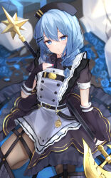 Rule 34 | 1girl, absurdres, apron, bardiche (weapon), black dress, black gloves, black headwear, black pantyhose, blue eyes, blue flower, blue hair, blue rose, blurry, blurry background, blush, braid, check commentary, commentary, commentary request, dress, fingerless gloves, flower, frilled sleeves, frills, gloves, haidollo, hair between eyes, hair ornament, highres, holding, holding polearm, holding weapon, hololive, hoshimachi suisei, hoshimachi suisei (maid), long hair, looking at viewer, maid, maid apron, nail polish, pantyhose, polearm, rose, see-through, see-through sleeves, seiza, short sleeves, sitting, solo, virtual youtuber, weapon