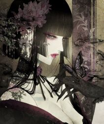 Rule 34 | absurdres, black gloves, black hair, bug, butterfly, choker, fingernails, flower, flower tattoo, gloves, highres, hime cut, insect, lace, long eyelashes, original, pale skin, red lips, satsuki kei, tattoo
