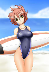 Rule 34 | 00s, 1girl, beach, breasts, brown hair, competition swimsuit, covered erect nipples, fuuma nagi, highleg, highleg swimsuit, large breasts, legs, lyrical nanoha, mahou shoujo lyrical nanoha, mahou shoujo lyrical nanoha strikers, numbers (nanoha), one-piece swimsuit, pantyhose, short hair, solo, surfboard, swimsuit, thigh gap, thighs, wendi (nanoha), yellow eyes