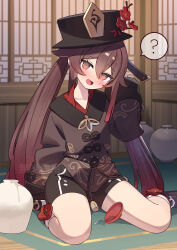 Rule 34 | 1girl, ?, @ @, black hat, black shorts, blush, bottle, brown footwear, brown hair, brown shirt, chinese clothes, commentary request, cup, drunk, flower, genshin impact, hat, highres, hu tao (genshin impact), indoors, long hair, long sleeves, looking at viewer, on floor, open mouth, plum blossoms, red eyes, sakazuki, sake bottle, shirt, shoes, short shorts, shorts, sitting, socks, solo, spoken question mark, thighs, twintails, very long hair, wariza, white socks, zenshin