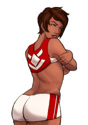 Rule 34 | 1girl, ass, breasts, brown eyes, brown hair, candela (pokemon), clothes lift, creatures (company), dark-skinned female, dark skin, from behind, game freak, highres, jersey, large breasts, naavs, nintendo, pokemon, pokemon go, shirt lift, short hair, short shorts, shorts, sideboob, sketch, solo, undressing, white background