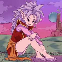 Rule 34 | 1girl, barefoot, black eyes, breasts, cloud, colored skin, dragon ball, dragonball z, earrings, from side, full body, grass, highres, jewelry, looking at viewer, medium breasts, mountain, nishi no kaioushin, pink skin, plague of gripes, planet, pointy ears, potara earrings, purple hair, soaking feet, solo, tree