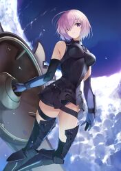 Rule 34 | 1girl, absurdres, armor, armored boots, armored dress, bare shoulders, black gloves, black leotard, blue sky, boots, breasts, cowboy shot, dress, elbow gloves, expressionless, fate/grand order, fate (series), from below, gloves, hair over one eye, highres, hip focus, holding, holding shield, legs apart, leotard, leotard peek, looking at viewer, looking down, lord camelot (fate), mash kyrielight, medium breasts, medium hair, midriff, outdoors, parted lips, pink hair, purple eyes, purple hair, shield, sky, sleeveless, sleeveless dress, solo, standing, staring, thigh boots, thigh strap, thighs, yanagi marie
