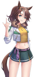Rule 34 | 1girl, \m/, animal ears, blue eyes, brown hair, covered collarbone, crop top, cropped jacket, fur-trimmed jacket, fur trim, green skirt, hair between eyes, hand up, highres, horse ears, horse girl, horse tail, jacket, long sleeves, mejiro palmer (umamusume), midriff, multicolored hair, navel, open clothes, open jacket, pleated skirt, shirt, simple background, skirt, smile, solo, standing, streaked hair, tail, umamusume, white background, white hair, white jacket, yellow shirt, ym (distance819)