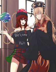 Rule 34 | 2girls, :d, ^ ^, bare shoulders, black dress, black shirt, blonde hair, chain, chinese clothes, closed eyes, clothes writing, collar, cowboy shot, dress, earth (ornament), english text, hands in opposite sleeves, hat, headdress, hecatia lapislazuli, highres, junko (touhou), long hair, long sleeves, looking at another, miniskirt, multicolored clothes, multicolored skirt, multiple girls, off-shoulder shirt, off shoulder, open mouth, ozu (agito100001), plaid, plaid skirt, red eyes, red hair, shirt, short sleeves, skirt, sleeves past wrists, smile, standing, t-shirt, tabard, touhou, wide sleeves