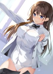 Rule 34 | 1girl, 3:, black bow, black bowtie, black skirt, blazer, blue eyes, blush, boku no kanojo sensei, bow, bowtie, breasts, brown hair, closed mouth, clothes pull, collared shirt, day, dress shirt, dutch angle, fujiki maka, hair between eyes, half updo, indoors, jacket, large breasts, long hair, looking down, novel illustration, off shoulder, official art, open clothes, open jacket, oryo (oryo04), panties, shirt, sidelocks, skirt, skirt pull, solo, underwear, undressing, white jacket, white panties, white shirt, window
