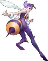 Rule 34 | 1girl, absurdres, antennae, bee girl, capcom, from behind, full body, highres, huge filesize, arthropod girl, looking back, monster girl, no pupils, official art, pantyhose, purple eyes, purple hair, q-bee, short hair, smile, solid eyes, solo, stanley lau, transparent background, vampire (game), wings