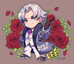 Rule 34 | 1boy, black gloves, blue coat, brown background, brown footwear, character name, closed mouth, coat, collared shirt, flower, full body, gloves, grey eyes, grey hair, hand on own hip, holding, holding flower, kotorai, lee chaolan, male focus, necktie, pants, petals, pink necktie, red flower, red rose, rose, rose petals, shirt, short hair, signature, smile, solo, standing, tekken, vest, white pants, white vest