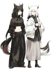 2girls :o absurdres ahoge alternate_costume animal_ear_fluff animal_ears black_footwear black_hair black_jacket black_pants black_shirt black_skirt blue_eyes boots braid closed_mouth commentary crop_top cropped_jacket earrings english_commentary extra_ears fox_ears fox_girl fox_tail full_body grey_skirt hands_in_pockets highres hololive hood hooded_jacket jacket jewelry kurokami_fubuki kyoko_(zeprii4) long_hair long_skirt long_sleeves looking_at_another midriff multicolored_hair multiple_girls navel necklace open_clothes open_jacket open_mouth pants puffy_long_sleeves puffy_sleeves red_eyes red_hair shirakami_fubuki shirt side_braid sidelocks simple_background single_earring skirt smile streaked_hair tail v-shaped_eyebrows very_long_hair virtual_youtuber white_background white_hair white_jacket