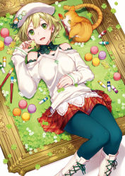 Rule 34 | 1girl, :d, asahikawa hiyori, bare shoulders, blonde hair, blue pantyhose, blush, cat, commentary request, dress, feet out of frame, flower, framed, grass, green eyes, hat, hat ornament, holding, long sleeves, looking at viewer, lying, on back, open mouth, original, paint tube, paintbrush, pantyhose, picture frame, red skirt, short hair, skirt, smile, solo, sweater, sweater dress, white footwear, white sweater