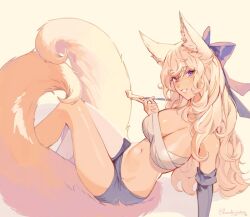 Rule 34 | 1girl, animal ears, bare shoulders, blue gloves, blue ribbon, blue shorts, breasts, cleavage, commentary, commission, elbow gloves, english commentary, fox ears, fox girl, fox tail, gloves, groin, hair ribbon, holding, holding smoking pipe, large breasts, long hair, looking at viewer, multiple tails, navel, original, ribbon, roarke (lavenderincubus), sarashi, short shorts, shorts, simple background, smile, smoking pipe, solo, stomach, tail, two tails, white background, white hair