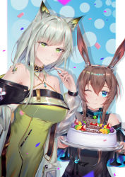 Rule 34 | 2girls, ;), alternate costume, amiya (arknights), animal ear fluff, animal ears, arknights, bare shoulders, black dress, blue background, blue eyes, blue ribbon, blush, breasts, brown hair, cake, candy, commentary request, dress, drop shadow, english text, engrish text, food, green dress, green eyes, hand up, highres, holding, holding plate, kal&#039;tsit (arknights), lollipop, long hair, long sleeves, looking at viewer, material growth, medium breasts, multiple girls, off-shoulder dress, off shoulder, one eye closed, oripathy lesion (arknights), plate, rabbit ears, ranguage, ribbon, sidelocks, silver hair, sking, smile, upper body