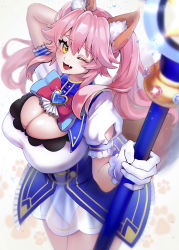 Rule 34 | 1girl, animal ear fluff, animal ears, arms behind back, blush, breasts, cleavage, cleavage cutout, clothing cutout, fang, fate/grand order, fate (series), fox ears, fox girl, fox tail, gem, highres, large breasts, magical girl, nepodayo, one eye closed, open mouth, pink hair, sailor senshi uniform, skin fang, solo, soul gem, tail, tamamo (fate), tamamo no mae (fate/extra), yellow eyes
