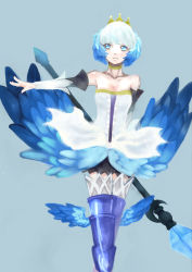 Rule 34 | 1girl, armor, armored dress, blue background, blue eyes, blue theme, dress, feathers, gwendolyn (odin sphere), hair up, katakoto kotori, leg wings, low wings, odin sphere, outstretched hand, solo, strapless, strapless dress, tiara, valkyrie, wings