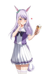 Rule 34 | 1girl, absurdres, animal ears, blush, chewing, closed mouth, commentary request, crepe, ear ornament, eating, food, frilled skirt, frills, hand on own face, heart, high-waist skirt, highres, horse ears, horse girl, horse tail, long hair, mejiro mcqueen (umamusume), parted bangs, pleated skirt, purple eyes, purple hair, purple shirt, sailor collar, school uniform, shadow, shirt, short sleeves, simple background, skirt, solo, standing, tail, tari (aegr3883), thighhighs, umamusume, white background, white thighhighs