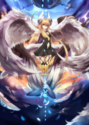 Rule 34 | 10s, 1girl, black dress, blonde hair, date a live, dress, feathers, highres, jing li, long hair, looking at viewer, mayuri, mayuri (date a live), mirrorks, solo, wings