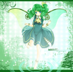 Rule 34 | 1girl, aldehyde, ascot, bare legs, barefoot, blue eyes, blush, bracelet, breasts, curly hair, daiyousei, dress, embellished costume, female focus, green hair, highres, impossible clothes, insect wings, jewelry, light particles, looking at viewer, medium breasts, navel, necklace, ring, side ponytail, skin tight, smile, solo, touhou, wings