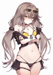 Rule 34 | 1girl, absurdres, bare shoulders, bikini, bikini skirt, black jacket, breasts, brown hair, collarbone, commentary request, crossed arms, diieru, eyewear on head, front-tie bikini top, front-tie top, girls&#039; frontline, highres, jacket, jewelry, long hair, looking at viewer, navel, necklace, off shoulder, one side up, scar, scar across eye, short sleeves, side-tie bikini bottom, simple background, small breasts, solo, stomach, sunglasses, swimsuit, thigh strap, twintails, ump45 (girls&#039; frontline), white background, yellow-framed eyewear, yellow bikini, yellow eyes