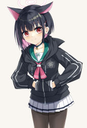 Rule 34 | 1girl, absurdres, animal ears, black hair, blue archive, blunt bangs, blush, breasts, cat ears, hair ornament, halo, highres, jacket, kazusa (blue archive), looking at viewer, medium breasts, medium hair, multicolored hair, pantyhose, red eyes, school uniform, simple background, smile, solo, take5321, two-tone hair, white background