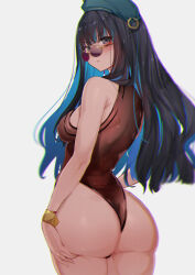 Rule 34 | 1girl, absurdres, ass, back, bare shoulders, beret, black hair, blue hair, blush, bracelet, breasts, brown leotard, colored inner hair, eyeliner, fate/grand order, fate (series), green hat, grey eyes, hat, highleg, highleg leotard, highres, jewelry, leotard, long hair, looking at viewer, looking back, makeup, medium breasts, multicolored hair, round eyewear, sidelocks, solo, sunglasses, tenochtitlan (fate), tenochtitlan (second ascension) (fate), thighs, ura illust, wide hips