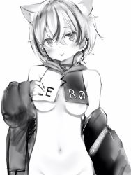 Rule 34 | 1girl, :p, animal ears, bad id, bad pixiv id, breast curtains, cat ears, crossed bangs, earrings, greyscale, hair between eyes, highres, jacket, jewelry, looking at viewer, monochrome, multicolored hair, nanashi (nlo), navel, off shoulder, open clothes, open jacket, out-of-frame censoring, short hair, simple background, smile, solo, standing, streaked hair, tongue, tongue out, tsumugine rei, upper body, virtual youtuber, white background, zero project