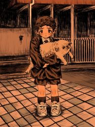 Rule 34 | 1boy, a3dyqtlpqjcuqvs, animal, black eyes, brown footwear, brown hair, brown jacket, brown necktie, brown shorts, brown socks, closed mouth, collared jacket, collared shirt, dog, full body, holding, holding animal, holding dog, jacket, long sleeves, looking at viewer, male focus, necktie, original, outdoors, pug, railing, shirt, shoes, short hair, shorts, sneakers, socks, solo, standing, white shirt