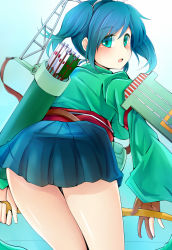Rule 34 | 10s, 1girl, arrow (projectile), ass, blue hair, blush, bow (weapon), breasts, from behind, gloves, green eyes, hair ribbon, japanese clothes, kantai collection, looking at viewer, looking back, open mouth, partially fingerless gloves, partly fingerless gloves, personification, quill, ribbon, rui shi (rayze ray), short hair, solo, souryuu (kancolle), thighs, twintails, weapon, yugake