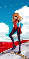 Rule 34 | 1girl, blue eyes, blue sky, bodysuit, brown hair, covered navel, cowboy shot, evangelion: 3.0 you can (not) redo, eyepatch, full body, highres, long hair, looking at viewer, neon genesis evangelion, plugsuit, rebuild of evangelion, red bodysuit, shinn0512, sky, solo, souryuu asuka langley, twintails, two side up