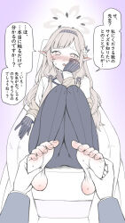 Rule 34 | 1girl, barefoot, black gloves, blue archive, blush, feet, flower, foot focus, foot massage, foreshortening, gloves, hair flower, hair ornament, hair tubes, hairband, halo, highres, himari (blue archive), kyouka asuka, long hair, looking at viewer, male hands, open mouth, pointy ears, purple eyes, sitting, soles, sweat, toes, white hair