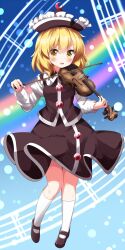 Rule 34 | 1girl, absurdres, black footwear, black hat, black skirt, black vest, blonde hair, blush, bow (music), collared vest, crescent, crescent hat ornament, full body, hat, hat ornament, highres, holding, holding instrument, holding violin, instrument, juliet sleeves, long sleeves, lunasa prismriver, mary janes, medium hair, music, open mouth, playing instrument, puffy sleeves, rainbow, ruu (tksymkw), shirt, shoes, skirt, skirt set, socks, solo, touhou, vest, violin, white shirt, yellow eyes