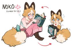 Rule 34 | animal ears, animal feet, bandeau, blonde hair, blue eyes, blush, bob cut, book, breasts, character name, cleavage, closed mouth, flying sweatdrops, fox, fox ears, fox tail, highres, holding, holding book, long fingers, looking at viewer, multicolored hair, noko (sui (suizilla)), original, pants, pink pants, simple background, sitting, strapless, sui (suizilla), tail, trembling, tube top, two-tone hair, white background, wide-eyed