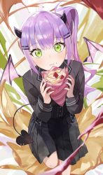 Rule 34 | 1girl, alternate hairstyle, black shirt, black skirt, blush, chewing, crepe, demon girl, demon tail, demon wings, food, green eyes, hair ornament, hairclip, highres, holding, holding food, hololive, long hair, long sleeves, looking at viewer, nel dcm, piercing, pleated skirt, purple hair, shirt, side ponytail, skirt, solo, tail, tail ornament, tail piercing, tokoyami towa, virtual youtuber, wings