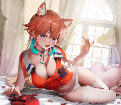 Rule 34 | 1girl, absurdres, animal ear fluff, blush, breasts, cat girl, cat tail, cleavage, collarbone, crop top, cropped jacket, earrings, fang, feather earrings, feathers, gum shrew, hair between eyes, highres, holding, hololive, hololive english, jacket, jewelry, lace, lace-trimmed legwear, lace-trimmed panties, lace trim, large breasts, long hair, lying, midriff, multicolored hair, multiple girls, navel, neck ribbon, on side, open mouth, orange hair, orange jacket, panties, purple eyes, ribbon, short hair, skin fang, smile, tail, takanashi kiara, thighhighs, underwear, virtual youtuber, white panties, white thighhighs