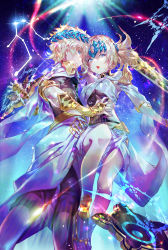 Rule 34 | 1boy, 1girl, armlet, armor, black shirt, blonde hair, blue eyes, bracer, breasts, brother and sister, castor (fate), chakram, closed mouth, collar, constellation, diadem, emoillu, fate/grand order, fate (series), gemini (constellation), halterneck, highres, legs, looking at viewer, medium hair, metal collar, open mouth, pauldrons, pollux (fate), robe, shirt, short hair, shoulder armor, siblings, sky, small breasts, star (sky), starry sky, sword, twins, weapon, white robe