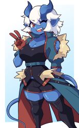 Rule 34 | 1girl, absurdres, blue skin, breasts, brown gloves, cleavage, colored skin, commission, daigada, gloves, highres, horns, large breasts, looking at viewer, open mouth, original, pointy ears, red eyes, sharp teeth, short hair, short sleeves, smile, solo, tail, teeth, upper body, v, valkaria (hilos5000), white hair