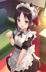 Rule 34 | 1girl, alternate costume, animal ears, apron, artist name, blush, brown dress, brown hair, cat ears, center frills, collared shirt, couch, curtains, day, desk, dress, enmaided, folded ponytail, frilled apron, frills, hair ribbon, hand up, highres, hitsukuya, indoors, kaguya-sama wa kokurasetai ~tensai-tachi no renai zunousen~, kemonomimi mode, looking at viewer, maid, maid headdress, open mouth, parted bangs, puffy short sleeves, puffy sleeves, red eyes, red ribbon, ribbon, shinomiya kaguya, shirt, short sleeves, sidelocks, signature, solo, standing, sunlight, wavy mouth, white apron, white shirt, wrist cuffs