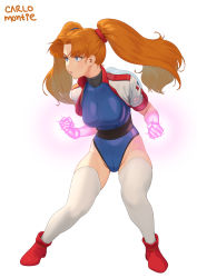 Rule 34 | artist name, blue eyes, blue leotard, boots, brown hair, carlo montie, clenched hands, commission, fighting stance, forehead, full body, gloves, glowing hands, groin, highleg, highleg leotard, highres, jacket, leotard, leotard under clothes, long hair, magic, namco, no pants, numan athletics, red footwear, red gloves, sharon les halles, short sleeves, simple background, thighhighs, thighs, twintails, white background, white jacket, white thighhighs