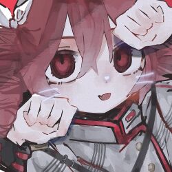 Rule 34 | 1girl, bow, close-up, drawn whiskers, drill hair, grey jacket, hair between eyes, highres, jacket, kasane teto, kasane teto (sv), looking at viewer, nerune (nekatze), open mouth, paw pose, red background, red eyes, red hair, sidelocks, smile, solo, synthesizer v, twin drills, white bow