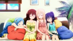 Rule 34 | 10s, 4girls, :3, window blinds, blue hair, blush, breasts, closed mouth, cloud, collarbone, couch, doma umaru, dress, ebina nana, closed eyes, frilled dress, frills, girl sandwich, hair ornament, hat, headband, heads together, highres, himouto! umaru-chan, large breasts, leaning on person, long hair, motoba kirie, multiple girls, non-web source, open mouth, palm tree, photo (object), pillow, purple hair, sandwiched, screencap, side-by-side, side ponytail, sitting, sleeping, sleeping on person, smile, stitched, strapless, strapless dress, straw hat, tachibana sylphynford, third-party edit, tree, very long hair, wallpaper, window