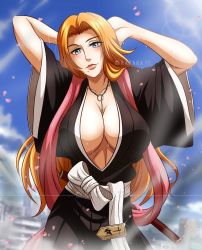 Rule 34 | 1girl, arms up, bleach, blue eyes, breasts, chain, cleavage, cleavage cutout, clothing cutout, curvy, female focus, highres, japanese clothes, katana, kimono, lace, large breasts, long hair, looking at viewer, matsumoto rangiku, midriff, navel, orange hair, solo, sweat, sword, title, weapon