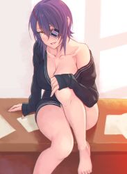 Rule 34 | 10s, 1girl, ass, barefoot, black shirt, breasts, chromatic aberration, cleavage, collarbone, desk, eyepatch, female focus, hand on own knee, indoors, kantai collection, large breasts, legs, lips, long sleeves, naked shirt, no headwear, no legwear, no pants, no shoes, off shoulder, on desk, open clothes, open shirt, paper, parted lips, purple hair, room, shirt, sitting, on desk, smile, solo, sunlight, teeth, tenryuu (kancolle), thighs, yellow eyes, yuuji (and)