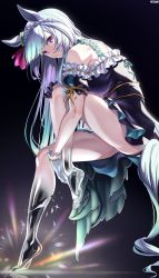 Rule 34 | 1girl, absurdres, animal ears, artist name, barefoot, black gloves, from side, glass, gloves, highres, horse ears, horse girl, invisible chair, knee up, long hair, looking at viewer, mejiro ardan (umamusume), multicolored hair, off shoulder, purple eyes, sitting, smile, solo, thighs, umamusume, very long hair, white gloves, zzo0