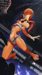 Rule 34 | 1girl, animal ears, animal nose, ball, basketball, basketball (object), breasts, commentary, english commentary, feliscede, furry, furry female, gloves, green eyes, highres, holding, holding ball, jumping, lola bunny, looney tunes, navel, no bra, open mouth, patreon, patreon logo, patreon username, rabbit ears, rabbit girl, slam dunk (basketball), solo focus, space jam, teeth, underboob, upshirt, white gloves
